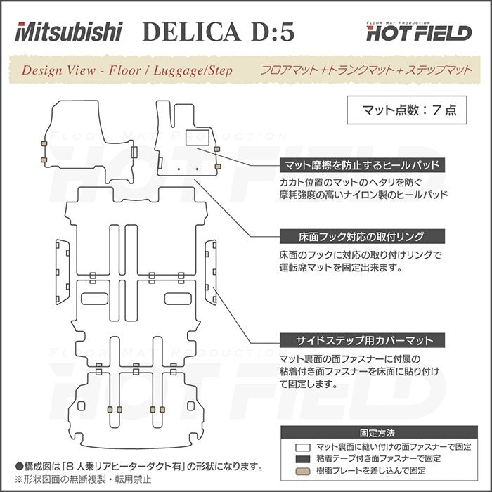 三菱 新型対応 デリカ D5 フロアマット+ステップマット+トランクマット ラゲッジマット ◆ウッド調カーペット 木目 HOTFIELD