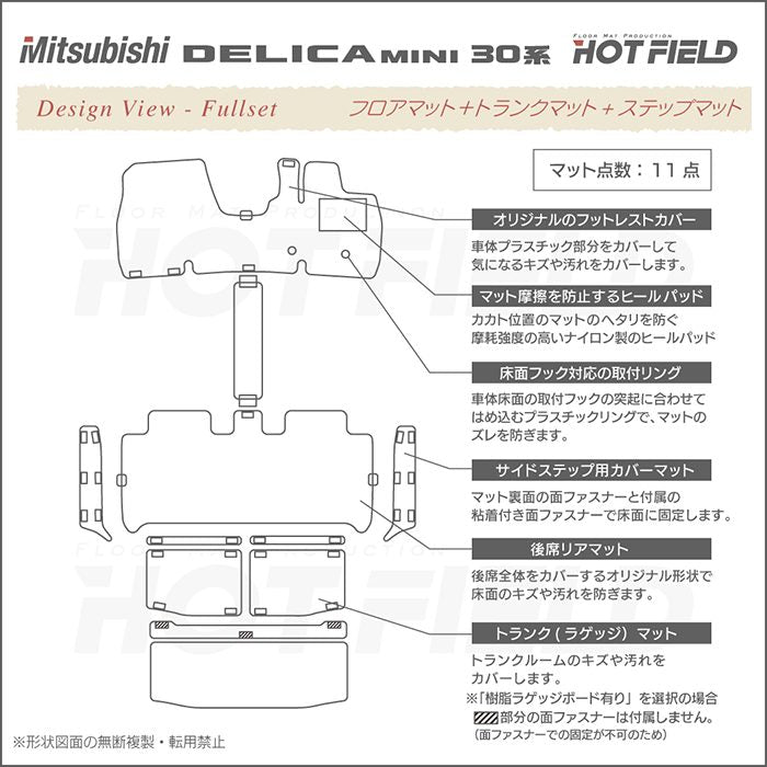 三菱 デリカミニ 30系 フロアマット+ステップマット+トランクマット ラゲッジマット  ◆ウッド調カーペット 木目 HOTFIELD