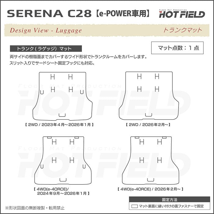 日産 新型対応 セレナ C28系 e-POWER フロアマット＋ステップマット＋トランクマット ラゲッジマット e-4ORCEにも対応 ◆ウッド調カーペット 木目 日本製 HOTFIELD