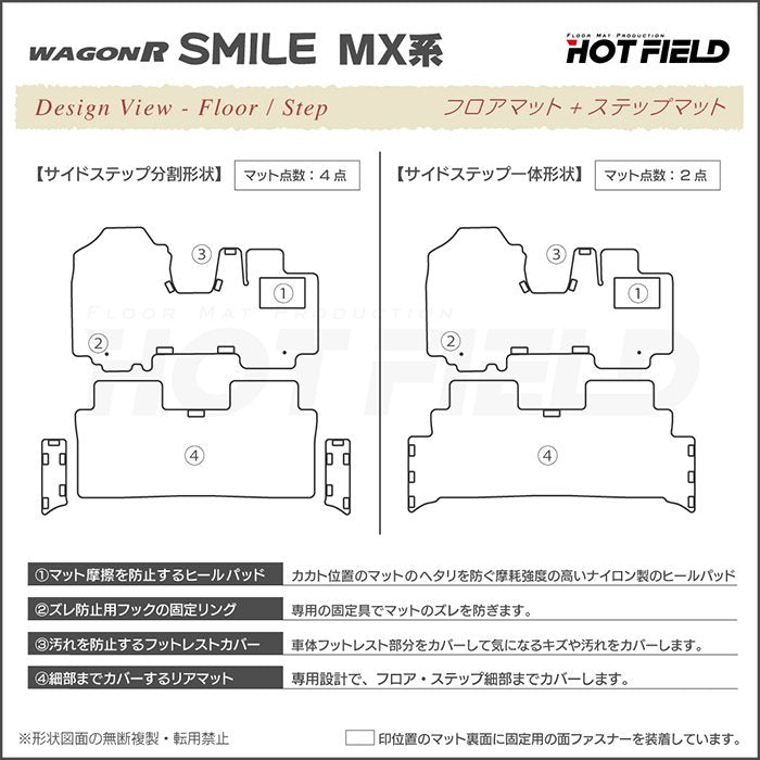 スズキ 新型 ワゴンRスマイル MX系 フロアマット+ステップマット+トランクマット ラゲッジマット ◆ウッド調カーペット 木目 日本製 HOTFIELD